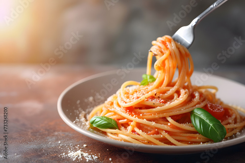 Tasty appetizing classic Italian spaghetti pasta with tomato sauce  cheese parmesan and basil on plate  taking with fork