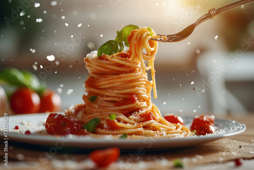 Tasty appetizing classic Italian spaghetti pasta with tomato sauce, cheese parmesan and basil on plate, taking with fork photo