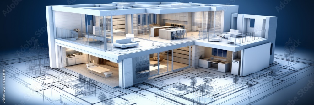 vision of architecture of a 3d model house project with blueprint vision of architecture of a 3d model house project with blueprint
