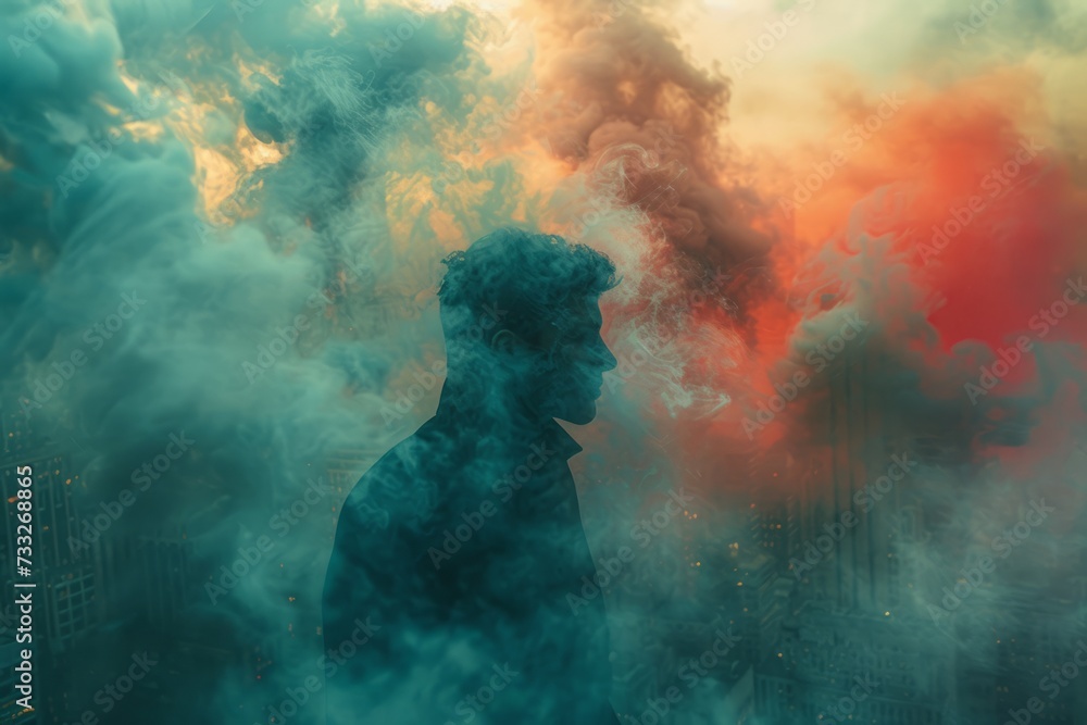 Fototapeta premium Double Exposure, Man City and Smoke