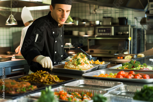 Chef standing behind full lunch service station with assortment of vegan foods in trays.