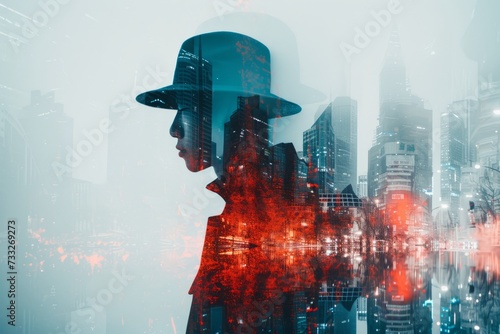 Double Exposure, Man and City, Copyspace, Blue and red tones.