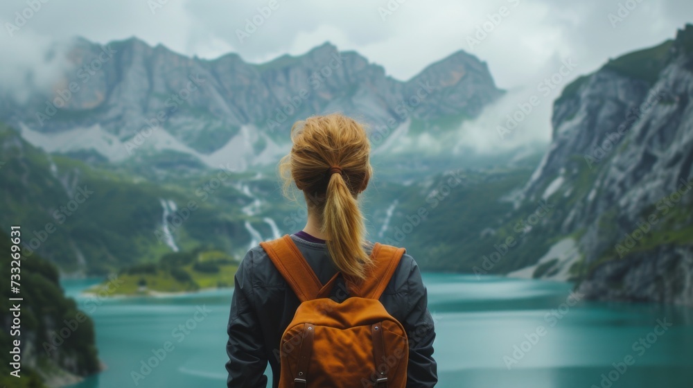A young woman stands with her back and admires the view of snowy mountains and lake. A traveler traveling on vacation in the most beautiful place in the world. Winter vacation