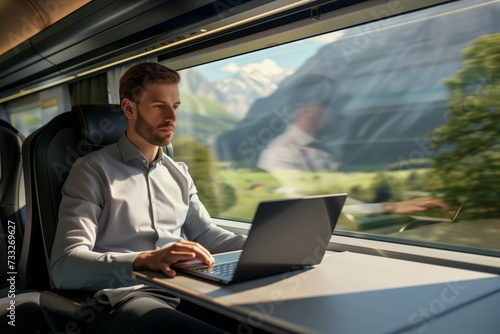 Businessman and digital nomad Working on a Train Journey. © Peeradontax