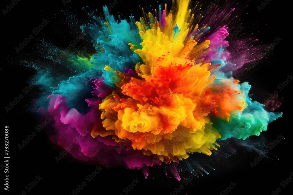 Explosion on Black Background. Colorful Powder Abstract Design on Dark Texture with Dust and Holi