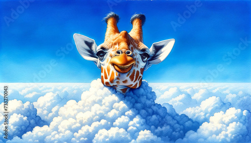 The image is a playful and whimsical illustration of a giraffe's head popping out from the clouds, set against a clear blue sky.Animals portraits concept.AI generated. photo