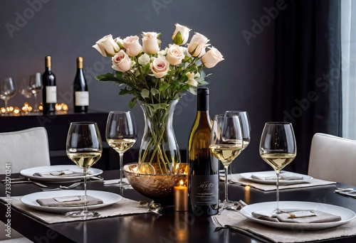 Dinner and elegant date in the home dining room for an event, significant event or occasion, aristocratic style, Glass, Wine, flowers in still life, secular restaurant style,