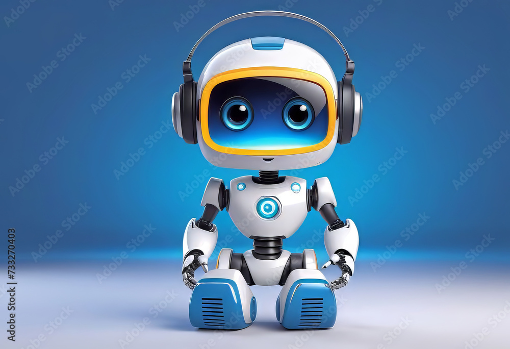vector illustration, cute customer service robot poster with copy space, 3D rendering,