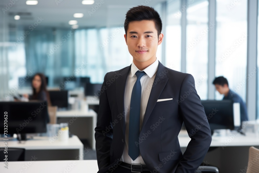 Confident Young Asian Businessman Standing Alone in Modern Office Space with a Smile Confident Young Asian Businessman Standing Alone in Modern Office Space with a Smile