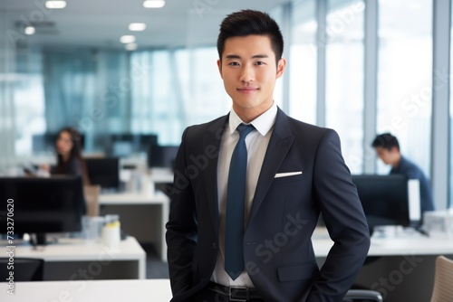 Confident Young Asian Businessman Standing Alone in Modern Office Space with a Smile