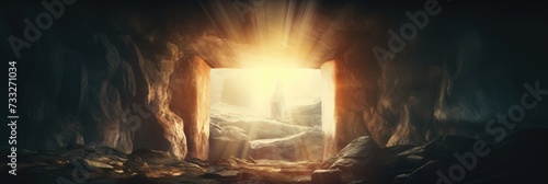 Christian Easter Concept: Jesus Christ Resurrection in Empty Tomb with Divine Light. Born to Die photo