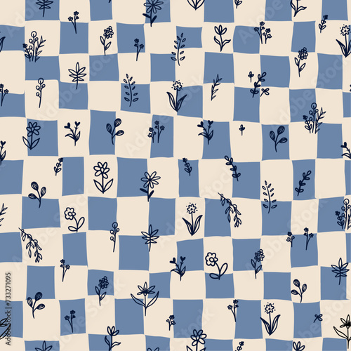 Cute retro blue check pattern with dissorted botanical elements seamless repeat pattern. Hand drawn, vector flowers, leaves, herbs, branches grid aop all over surface print. photo