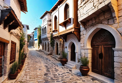 Ancient eastern narrow streets of the beautiful Kukort Muslim city on the shores of the Mediterranean Sea, tourist attractions in Turkey,