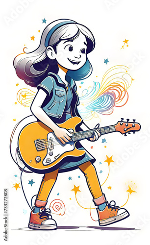 vector illustration, cute cheerful girl playing the electric guitar, children's picture for illustration, 3D rendering, sticker for children, © Perecciv