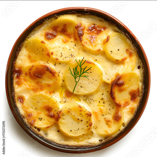 Dish of Potatoes au Gratin top view isolated on white background