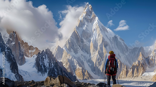 Fotografija A lone adventurer standing at the base of a majestic mountain, wearing a backpac