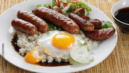 A plate of sausages  rice  and vegetables