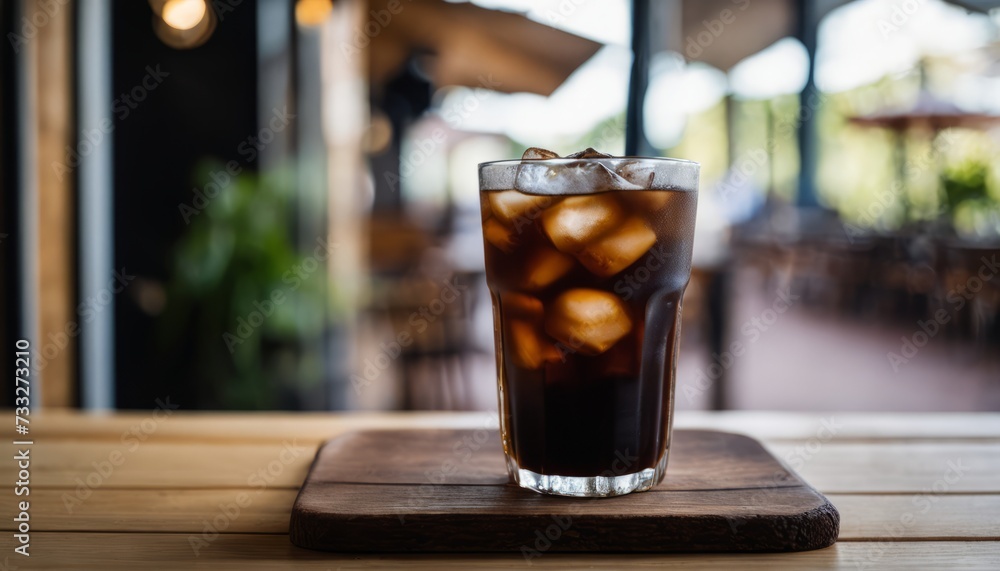 A glass of soda with ice on a wooden table A glass of soda with ice on a wooden table