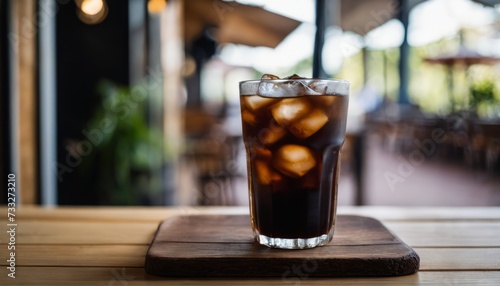 A glass of soda with ice on a wooden table photo