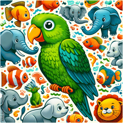 Brightly coloured illustration of a green parrot with yellow beak with friendly animal faces on toys including elephant  fish  puppy and lion.