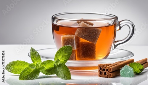 A cup of tea with a mint leaf and cinnamon stick