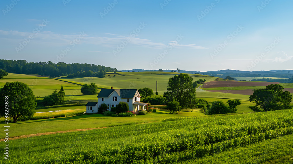 A serene countryside scene featuring a charming farmhouse nestled amidst a picturesque farm landscape