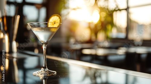 Martini cocktail with lemon on bar counter, evening light