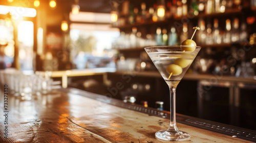 Martini cocktail on bar counter, sunset light photo