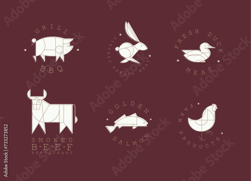 Obraz na płótnie Animal labels in art deco linear style with lettering grill bbq, fresh meat, smoked beef restaurant, golden salmon, farm products drawing on red background w salonie