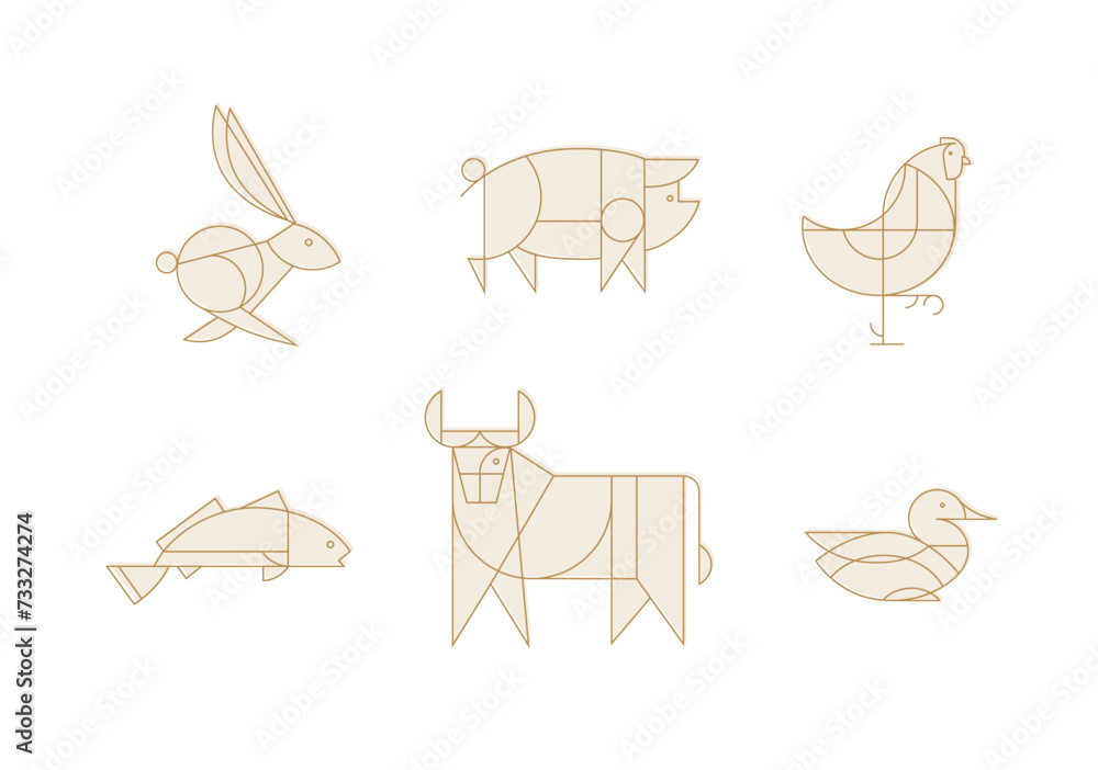 Animals rabbit, pig, chicken, fish, cow, duck drawing in art deco linear style on light background