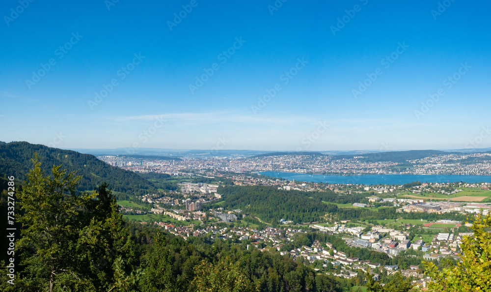 Zurich, Switzerland - September 5th 2023: View towards the city with lake from the Felsenegg terrace