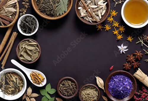 Assortment of traditional Chinese herbal medicines with blank copy space, traditional medicine, herbal medicine, © Perecciv
