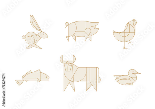 Obraz na płótnie Animals rabbit, pig, chicken, fish, cow, duck drawing in art deco linear style on light background w salonie