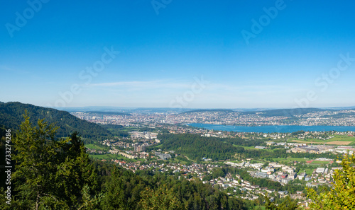 Zurich, Switzerland - September 5th 2023: View towards the city with lake from the Felsenegg terrace