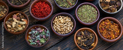 Traditional Chinese Medicine dried herbs table background