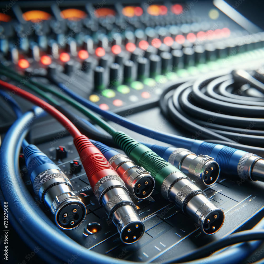 Close up of colourful professional XLR audio cables with sound mixing desk in background in sound studio