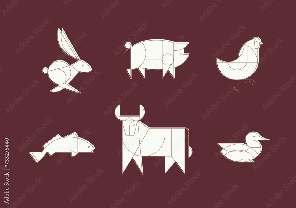 Animals rabbit, pig, chicken, fish, cow, duck drawing in art deco linear style on red background