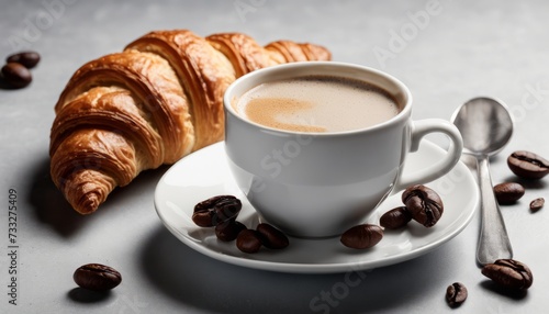 A cup of coffee and a croissant on a plate