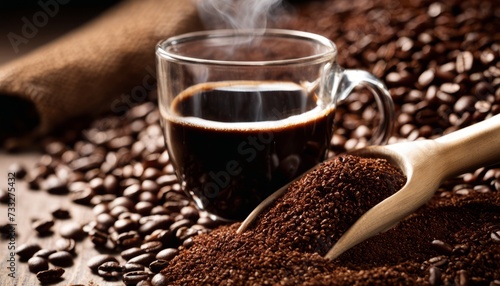 A cup of coffee is being poured over a spoonful of coffee beans