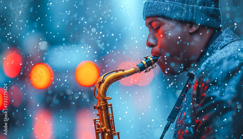 black musician playing the saxophone on a city street, April, Jazz Appreciation Month