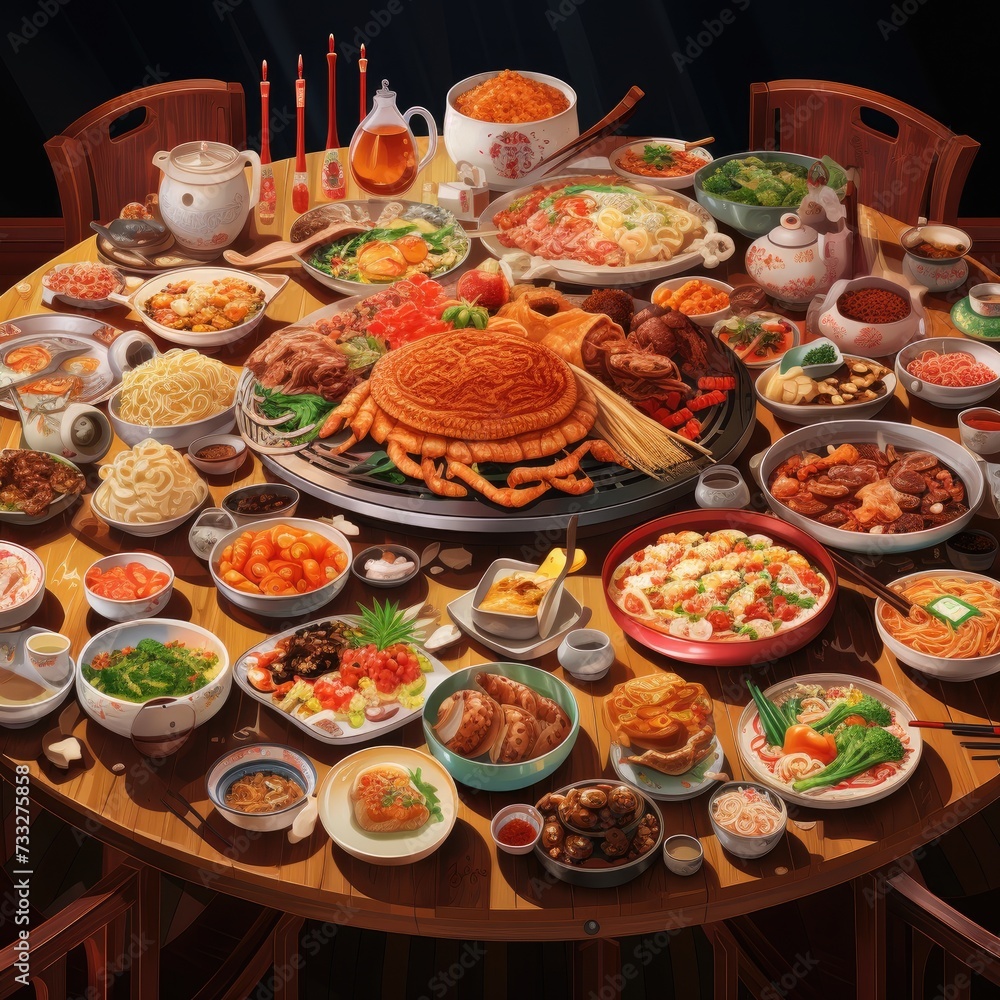 a big table with a lot of different chinese dishes