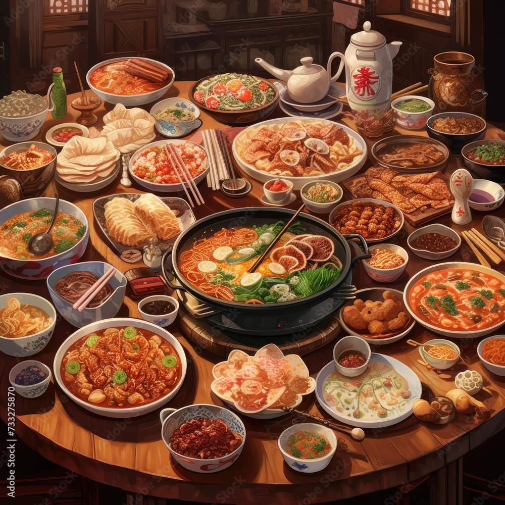 Fototapeta premium a big table with a lot of different chinese dishes