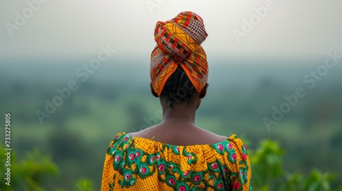African woman stands with her back and admires the view of the African savanna. A traveler traveling on vacation in the most beautiful place in the world. Summer vacation
