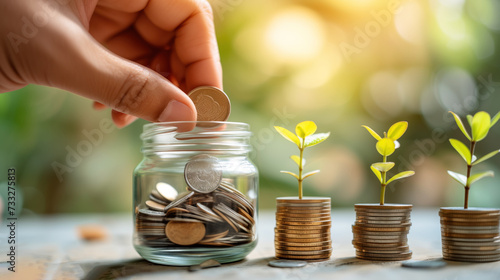 A man's hand puts coins in a glass jar. Saving finances for investing, retirement and savings. The concept of investing in growing finance