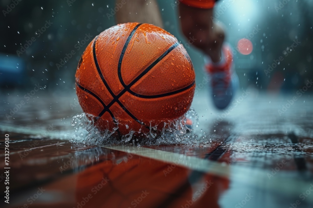 Close-up of a determined basketball player dribbling the ball with focus and precision on the court Close-up of a determined basketball player dribbling the ball with focus and precision on the court