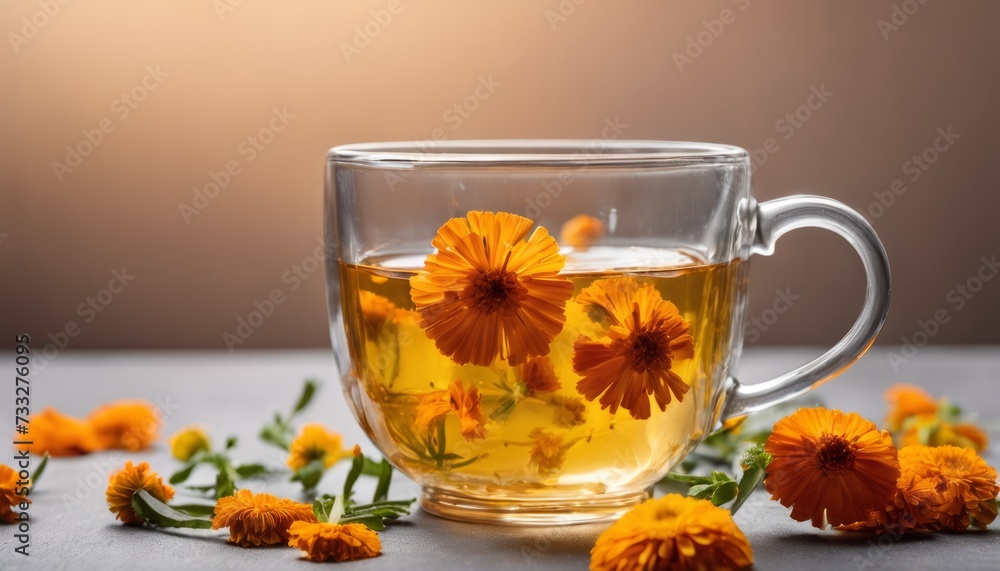 A glass of tea with flowers floating in it A glass of tea with flowers floating in it