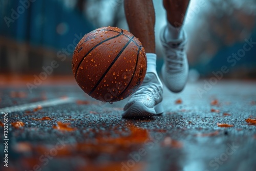 Close-up of a determined basketball player dribbling the ball with focus and precision on the court