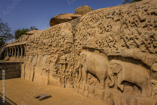 Exclusive Monolithic Rock Carved- Arjuna penance is UNESCO's World Heritage Site located at Mamallapuram or Mahabalipuram in Tamil Nadu, Great South India.