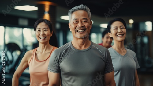 Smiling group older of friends in sportswear laughing together while standing arm in arm in a gym after a workout, senior, healthy, friendship, adult, exercising, together, lifestyles