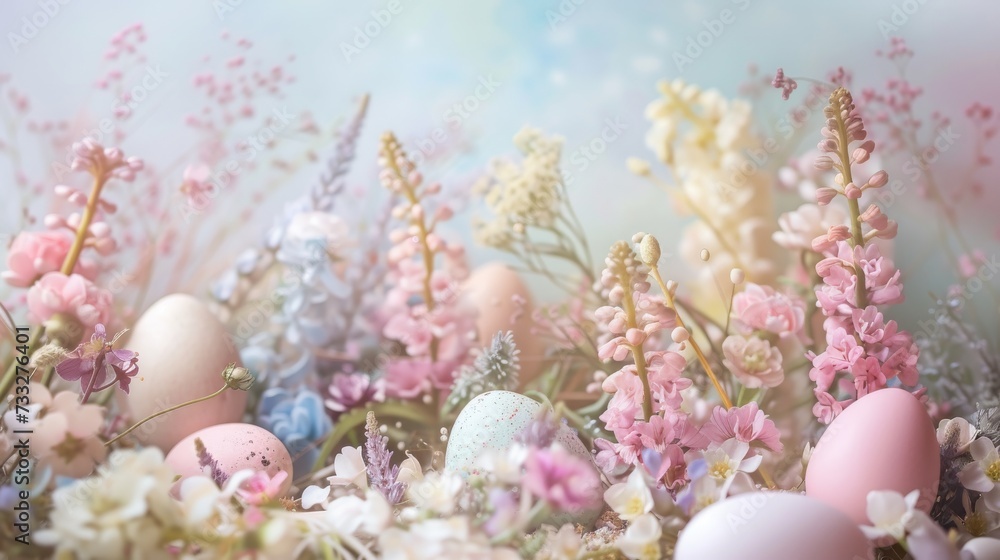 Fototapeta premium A Serene Spring Backdrop Featuring Pastel Flowers and Delicate Easter Eggs